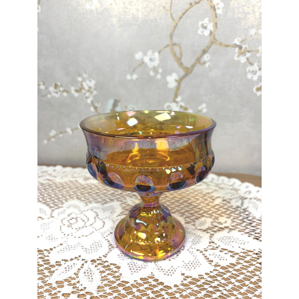 Vintage Indiana Glass Kings Crown Amber Iridescent Compote Dish